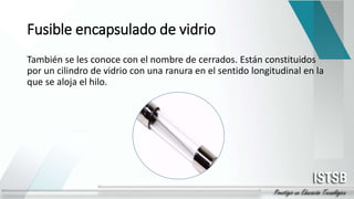 Fusible encapsulado de vidrio
También se les conoce con el nombre de cerrados. Están constituidos
por un cilindro de vidrio con una ranura en el sentido longitudinal en la
que se aloja el hilo.
 