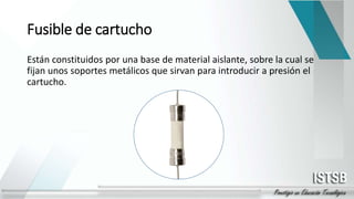 Fusible de cartucho
Están constituidos por una base de material aislante, sobre la cual se
fijan unos soportes metálicos que sirvan para introducir a presión el
cartucho.
 