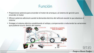 Función
• Proporcionar potencia para encender el motor de arranque y al sistema de ignición para
encender el motor
• Ofrecer potencia adicional cuando la demanda electrica del vehiculo excede la que abastece el
sistema
• Proteger el sistema eléctrico estabilizando el voltaje y compensando o reduciendo las variaciones
que pudieran ocurrir dentro del sistema.
 