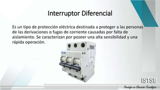 Interruptor Diferencial
Es un tipo de protección eléctrica destinada a proteger a las personas
de las derivaciones o fugas de corriente causadas por falta de
aislamiento. Se caracterizan por poseer una alta sensibilidad y una
rápida operación.
 