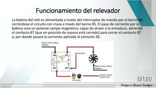 Funcionamiento del relevador
La bobina del relé es alimentada a través del interruptor de mando por el borne 85,
cerrándose el circuito con masa a través del borne 85. El paso de corriente por la
bobina crea un potente campo magnético, capaz de atraer a la armadura, abriendo
el contacto 87 (que en posición de reposo está cerrado) para cerrar el contacto 87
a, por donde pasara la corriente aplicada al contacto 30.
 
