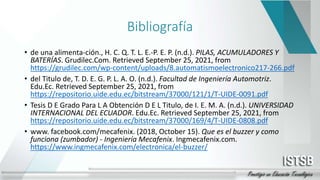 Bibliografía
• de una alimenta-ción., H. C. Q. T. L. E.-P. E. P. (n.d.). PILAS, ACUMULADORES Y
BATERÍAS. Grudilec.Com. Retrieved September 25, 2021, from
https://grudilec.com/wp-content/uploads/8.automatismoelectronico217-266.pdf
• del Titulo de, T. D. E. G. P. L. A. O. (n.d.). Facultad de Ingeniería Automotriz.
Edu.Ec. Retrieved September 25, 2021, from
https://repositorio.uide.edu.ec/bitstream/37000/121/1/T-UIDE-0091.pdf
• Tesis D E Grado Para L A Obtención D E L Titulo, de I. E. M. A. (n.d.). UNIVERSIDAD
INTERNACIONAL DEL ECUADOR. Edu.Ec. Retrieved September 25, 2021, from
https://repositorio.uide.edu.ec/bitstream/37000/169/4/T-UIDE-0808.pdf
• www. facebook.com/mecafenix. (2018, October 15). Que es el buzzer y como
funciona (zumbador) - Ingeniería Mecafenix. Ingmecafenix.com.
https://www.ingmecafenix.com/electronica/el-buzzer/
 