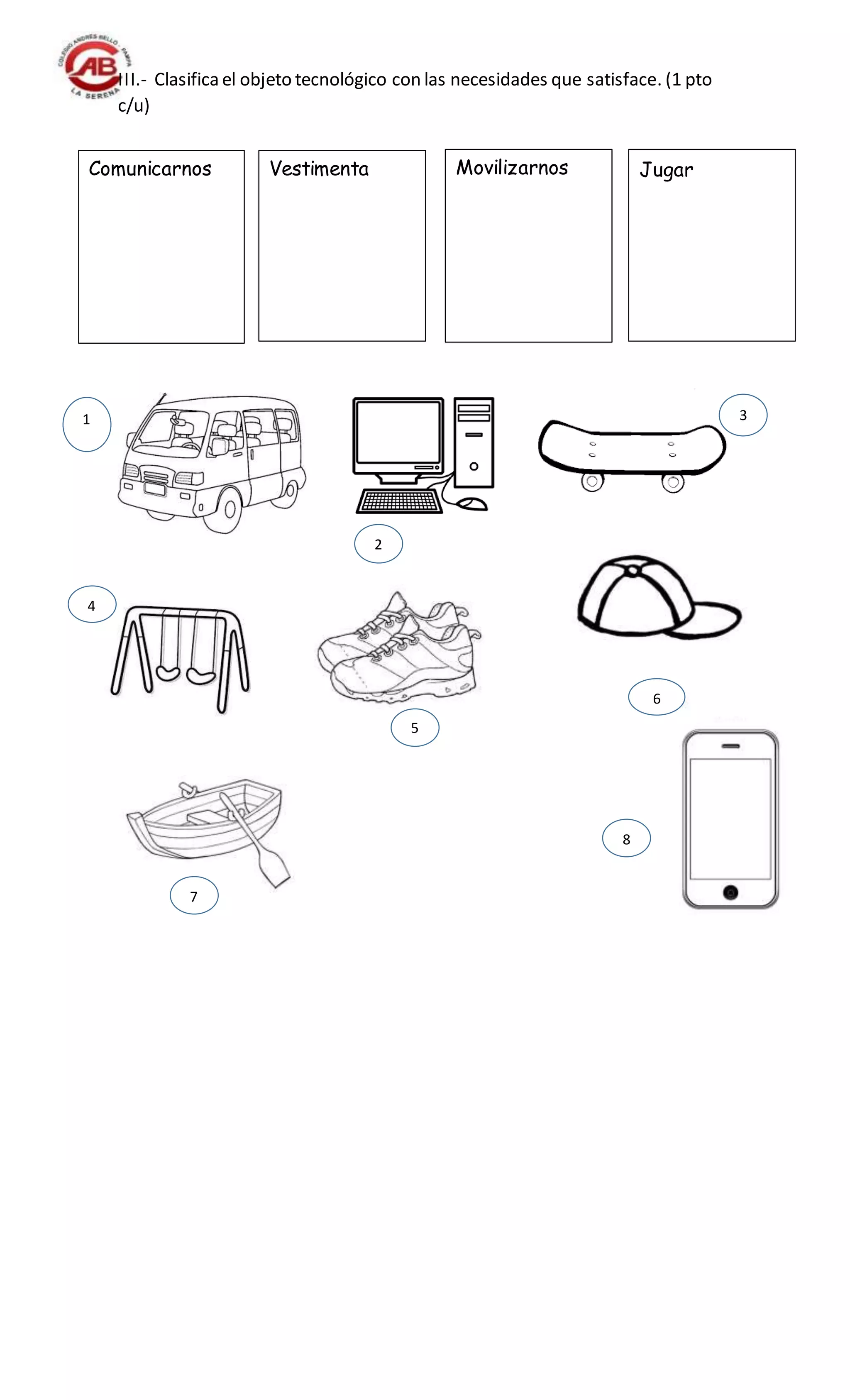 III.- Clasifica el objeto tecnológico con las necesidades que satisface. (1 pto
c/u)
Comunicarnos Vestimenta Movilizarnos Jugar
2
7
4
3
5
1
6
8