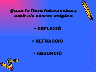 Quan la llum interacciona amb els cossos origina REFLEXIÓ REFRACCIÓ ABSORCIÓ 