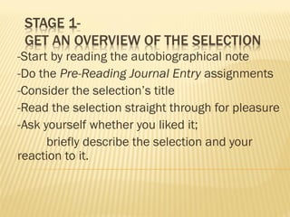 -Start by reading the autobiographical note
-Do the Pre-Reading Journal Entry assignments
-Consider the selection’s title
-Read the selection straight through for pleasure
-Ask yourself whether you liked it;
briefly describe the selection and your
reaction to it.

 