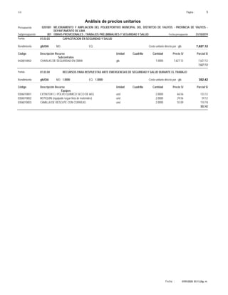 Página :S10 5
0201001Presupuesto MEJORAMIENTO Y AMPLIACION DEL POLIDEPORTIVO MUNICIPAL DEL DISTRITOO DE YAUYOS - PROVINCIA DE YAUYOS -
DEPARTAMENTO DE LIMA
Análisis de precios unitarios
Fecha presupuesto 31/10/2019001Subpresupuesto OBRAS PROVICIONALES , TRABAJOS PRELIMINALRES Y SEGURIDAD Y SALUD
Partida 01.03.03 CAPACITACION EN SEGURIDAD Y SALUD
glb/DIARendimiento Costo unitario directo por : glb 7,627.12EQ.MO.
Unidad Cuadrilla Cantidad Precio S/Código Descripción Recurso Parcial S/
Subcontratos
glb0428010002 1.0000 7,627.127,627.12CHARLAS DE SEGURIDAD EN OBRA
7,627.12
Partida 01.03.04 RECURSOS PARA RESPUESTAS ANTE EMERGENCIAS DE SEGURIDAD Y SALUD DURANTE EL TRABAJO
glb/DIA 1.0000Rendimiento Costo unitario directo por : glb 302.421.0000EQ.MO.
Unidad Cuadrilla Cantidad Precio S/Código Descripción Recurso Parcial S/
Equipos
und0306010001 2.0000 133.1266.56EXTINTOR C.I POLVO QUIMICO SECO DE 6KG
und0306010002 2.0000 59.1229.56BOTIQUIN (equipado segun lista de materiales)
und0306010003 2.0000 110.1855.09CAMILLA DE RESCATE CON CORREAS
302.42
07/01/2020 03:13:26p. m.Fecha :
 