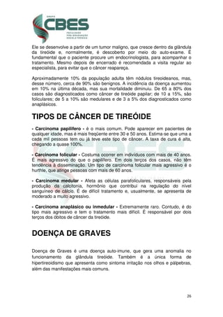 26
Ele se desenvolve a partir de um tumor maligno, que cresce dentro da glândula
da tireóide e, normalmente, é descoberto por meio do auto-exame. É
fundamental que o paciente procure um endocrinologista, para acompanhar o
tratamento. Mesmo depois de encerrado é recomendada a visita regular ao
especialista, para evitar que o câncer reapareça.
Aproximadamente 10% da população adulta têm nódulos tireoideanos, mas,
desse número, cerca de 90% são benignos. A incidência da doença aumentou
em 10% na última década, mas sua mortalidade diminuiu. De 65 a 80% dos
casos são diagnosticados como câncer de tireóide papilar; de 10 a 15%, são
foliculares; de 5 a 10% são medulares e de 3 a 5% dos diagnosticados como
anaplásicos.
TIPOS DE CÂNCER DE TIREÓIDE
- Carcinoma papilifero - é o mais comum. Pode aparecer em pacientes de
qualquer idade, mas é mais freqüente entre 30 e 50 anos. Estima-se que uma a
cada mil pessoas tem ou já teve este tipo de câncer. A taxa de cura é alta,
chegando a quase 100%.
- Carcinoma folicular - Costuma ocorrer em indivíduos com mais de 40 anos.
É mais agressivo do que o papilífero. Em dois terços dos casos, não têm
tendência à disseminação. Um tipo de carcinoma folicular mais agressivo é o
hurthle, que atinge pessoas com mais de 60 anos.
- Carcinoma medular - Afeta as células parafoliculares, responsáveis pela
produção da calcitonia, hormônio que contribui na regulação do nível
sanguíneo de cálcio. É de difícil tratamento e, usualmente, se apresenta de
moderado a muito agressivo.
- Carcinoma anaplásico ou inmedular - Extremamente raro. Contudo, é do
tipo mais agressivo e tem o tratamento mais difícil. É responsável por dois
terços dos óbitos de câncer da tireóide.
DOENÇA DE GRAVES
Doença de Graves é uma doença auto-imune, que gera uma anomalia no
funcionamento da glândula tireóide. Também é a única forma de
hipertireoidismo que apresenta como sintoma irritação nos olhos e pálpebras,
além das manifestações mais comuns.
 