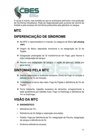 27
A causa é incerta, mas acredita-se que os anticorpos estimulam uma produção
de hormônios tireoidianos. Pode ser diagnosticado pelo aumento de volume da
tireóide e pelo excesso de hormônios produzidos pela glândula no sangue.
MTC
DIFERENCIAÇÃO DE SÍNDROME
Na MTC o hipertireoidismo é inserido na categoria de Bócio (jiǎ zhuàng
xiàn).
Origem do Bócio: depressão emocional e na estagnação do Qi do
Fígado.
Estagnação prolongada do Qi transforma-se em Fogo, gera fleuma e
induz estagnação de sangue.
Fleuma com estagnação de sangue, à região do pescoço, acaba por
gerar bócio.
SINTOMAS PELA MTC
Insônia, palpitações e sudorese excessiva: Sinais de Fogo no coração e
deficiência de Yin do Coração.
Irritabilidade e tremor das mãos: Fogo do Fígado e deficiência do Yin do
Fígado.
Fome freqüente, ingestão excessiva de alimentos, emagrecimento e
sede (preferência por bebidas frias): Fogo no Estômago e deficiência de
Yin no Estômago.
VISÃO DA MTC
DIAGNÓSTICO:
• Deficiência do Yin;
• Deficiência do Qi (fadiga e respiração encurtada);
• Padrão: Fogo por deficiência de Yin, estagnação de Fleuma, estagnação
de sangue e deficiência do Qi.
• Síndrome deficiência-excesso
 