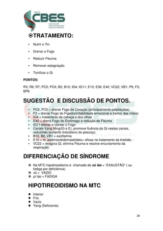 28
TRATAMENTO:
• Nutrir o Yin
• Drenar o Fogo
• Reduzir Fleuma
• Remover estagnação
• Tonificar o Qi
PONTOS:
R3; R6; R7; PC5; PC6; B2; B10; IG4; IG11; E10; E36; E40; VC22; VB1; P6; F3;
BP6
SUGESTÃO E DISCUSSÃO DE PONTOS.
• PC6, PC5 = drenar Fogo do Coração (principalmente palpitações)
• F3 = drenar Fogo do Fígado(irritabilidade emocional e tremor das mãos)
• IG4 = tratamento da cabeça e dos olhos
• E40 = drena Fogo do Estômago e redução de Fleuma
• IG11:drenar e clarear o Fogo
• Canais Yang Ming(IG e E), promove fluência do Qi nestes canais,
reduzindo aumento tireoidiano do pescoço.
• B10, B2, VB1 = exoftalmia
• E10 = m. esternocleidomastóideo= eficaz no tratamento da tireóide.
• VC22 = revigora Qi, elimina Fleuma e resolve encurtamento da
respiração.
DIFERENCIAÇÃO DE SÍNDROME
Na MTC hipotireoidismo é chamado de xū láo = “EXAUSTÃO” ( ou
fadiga por deficiência)
xū = VAZIO
pí láo = FADIGA
HIPOTIREOIDISMO NA MTC
Interior
Frio
Vazio
Yang (Deficiente)
 