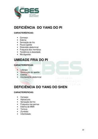 30
DEFICIÊNCIA DO YANG DO PI
CARACTERÍSTICAS:
• Cansaço
• Edema
• Sensação de frio
• Pouco apetite
• Distensão abdominal
• Fraqueza dos membros
• Tendência à obesidade
• Má digestão
UMIDADE FRIA DO PI
CARACTERÍSTICAS:
• Letargia
• Diminuição do apetite
• Edema
• Estufamento abdominal
DEFICIÊNCIA DO YANG DO SHEN
CARACTERÍSTICAS:
• Cansaço
• Hipoacusia
• Sensação de frio
• Fraqueza nas pernas
• Edema de MMII
• Tontura
• Zumbido
• Infertilidade
 
