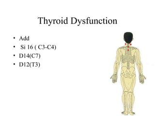 Thyroid Dysfunction
• Add
• Si 16 ( C3-C4)
• D14(C7)
• D12(T3)
 