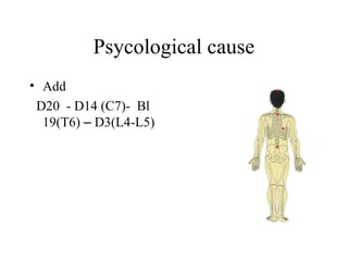 Psycological cause
• Add
D20 - D14 (C7)- Bl
19(T6) – D3(L4-L5)
 