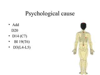 Psychological cause
• Add
D20
• D14 (C7)
• Bl 19(T6)
• D3(L4-L5)
 