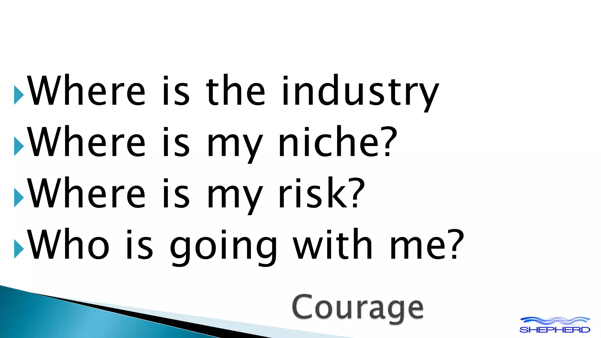 Where is the industry 
Where is my niche? 
Where is my risk? 
Who is going with me? 
 