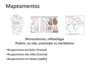 Mapeamentos
Microsistemas, reflexologia
Podem, ou não, acomodar os meridianos
•Acupunctura auricular (França)
•Acupunctura nas mãos (Coreia)
•Acupunctura no crâneo (Japão)
 