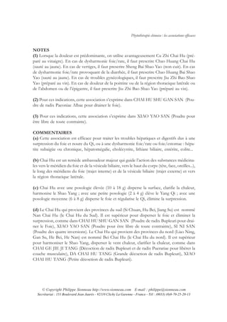 Phytothérapie chinoise : les associations efficaces


NOTES
(1) Lorsque la douleur est prédominante, on utilise avantageusement Cu Zhi Chai Hu (pré-
paré au vinaigre). En cas de dysharmonie foie/rate, il faut prescrire Chao Huang Chai Hu
(sauté au jaune). En cas de vertiges, il faut prescrire Sheng Bai Shao Yao (non cuit). En cas
de dysharmonie foie/rate provoquant de la diarrhée, il faut prescrire Chao Huang Bai Shao
Yao (sauté au jaune). En cas de troubles gynécologiques, il faut prescrire Jiu Zhi Bao Shao
Yao (préparé au vin). En cas de douleur de la poitrine ou de la région thoracique latérale ou
de l’abdomen ou de l’épigastre, il faut prescrire Jiu Zhi Bao Shao Yao (préparé au vin).

(2) Pour ces indications, cette association s’exprime dans CHAI HU SHU GAN SAN (Pou-
dre de radix Paeoniae Albae pour drainer le foie).

(3) Pour ces indications, cette association s’exprime dans XIAO YAO SAN (Poudre pour
être libre de toute contrainte).

COMMENTAIRES
(a) Cette association est efficace pour traiter les troubles hépatiques et digestifs dus à une
surpression du foie et noure du Qi, ou à une dysharmonie foie/rate ou foie/estomac : hépa-
tite subaigüe ou chronique, hépatomégalie, cholécystite, lithiase biliaire, entérite, colite...

(b) Chai Hu est un remède ambassadeur majeur qui guide l’action des substances médicina-
les vers le méridien du foie et de la vésicule biliaire, vers le haut du corps (tête, face, oreilles...),
le long des méridiens du foie (trajet interne) et de la vésicule biliaire (trajet externe) et vers
la région thoracique latérale.

(c) Chai Hu avec une posologie élevée (10 à 18 g) disperse la surface, clarifie la chaleur,
harmonise le Shao Yang ; avec une petite posologie (2 à 4 g) élève le Yang Qi ; avec une
posologie moyenne (6 à 8 g) disperse le foie et régularise le Qi, élimine la surpression.

(d) Le Chai Hu qui provient des provinces du sud (Si Chuan, Hu Bei, Jiang Su) est nommé
Nan Chai Hu (le Chai Hu du Sud). Il est supérieur pour disperser le foie et éliminer la
surpression, comme dans CHAI HU SHU GAN SAN (Poudre de radix Bupleuri pour drai-
ner le Foie), XIAO YAO SAN (Poudre pour être libre de toute contrainte), SI NI SAN
(Poudre des quatre inversions). Le Chai Hu qui provient des provinces du nord (Liao Ning,
Gan Su, He Bei, He Nan) est nommé Bei Chai Hu (le Chai Hu du nord). Il est supérieur
pour harmoniser le Shao Yang, disperser le vent chaleur, clarifier la chaleur, comme dans
CHAI GE JIE JI TANG (Décoction de radix Bupleuri et de radix Puerariae pour libérer la
couche musculaire), DA CHAI HU TANG (Grande décoction de radix Bupleuri), XIAO
CHAI HU TANG (Petite décoction de radix Bupleuri).




      © Copyright Philippe Sionneau http://www.sionneau.com E-mail : philippe@sionneau.com
   Secrétariat : 151 Boulevard Jean Jaurès - 92110 Clichy La Garenne - France - Tél : (0033) (0)8-70-25-20-13
 