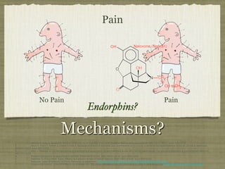 Mechanisms?
Endorphins?"
Pain
1. !Melzack R, Guite S, Gonshor A. Relief of dental pain by ice massage of the hand. Canadian Medical Association journal. 1980;122(2):189-91. Epub 1980/01/26.!
2. !Miura K, Ohara T, Zeredo JL, Okada Y, Toda K, Sumikawa K. Effects of traditional "Juci" (contralateral acupuncture) on orofacial nociceptive behavior in the rat. Journal of anesthesia.
2007;21(1):31-6. Epub 2007/02/08.!
3. !Shen J. Research on the neurophysiological mechanisms of acupuncture: review of selected studies and methodological issues. The Journal of Alternative & Complementary Medicine.
2001;7(1):121-7.!
4. !Rosted P. Introduction to acupuncture in dentistry. British dental journal. 2000;189(3):136-40. Epub 2000/10/06.!
5. !Kaptchuk TJ. Acupuncture: theory, efﬁcacy, and practice. Annals of internal medicine. 2002;136(5):374-83. Epub 2002/03/05.!
6. !Naloxone. [cited 2013 March 11]; Photo; Naloxone]. Available from: http://www.launc.tased.edu.au/online/sciences/agsci/alkalo/medicin.htm.!
7. !Acupuncture Cartoon. [cited 2013 March 11]; Available from: http://www.medicalboox.com/2012/08/ﬁnding-success-in-using-acupuncture.html#sthash.jfxbwink.ngPoSHW0.dpbs.!
!
No Pain Pain
 