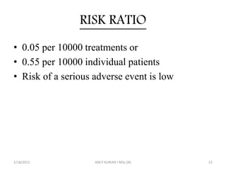 RISK RATIO
• 0.05 per 10000 treatments or
• 0.55 per 10000 individual patients
• Risk of a serious adverse event is low
2/18/2015 ANCY KURIAN I MSc.(N) 22
 