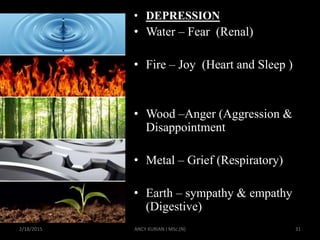 • DEPRESSION
• Water – Fear (Renal)
• Fire – Joy (Heart and Sleep )
• Wood –Anger (Aggression &
Disappointment
• Metal – Grief (Respiratory)
• Earth – sympathy & empathy
(Digestive)
2/18/2015 ANCY KURIAN I MSc.(N) 31
 