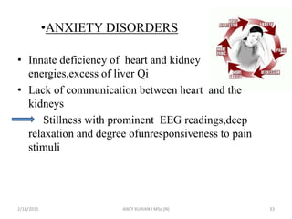 •ANXIETY DISORDERS
• Innate deficiency of heart and kidney
energies,excess of liver Qi
• Lack of communication between heart and the
kidneys
Stillness with prominent EEG readings,deep
relaxation and degree ofunresponsiveness to pain
stimuli
2/18/2015 ANCY KURIAN I MSc.(N) 33
 