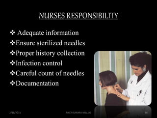 NURSES RESPONSIBILITY
 Adequate information
Ensure sterilized needles
Proper history collection
Infection control
Careful count of needles
Documentation
2/18/2015 ANCY KURIAN I MSc.(N) 36
 