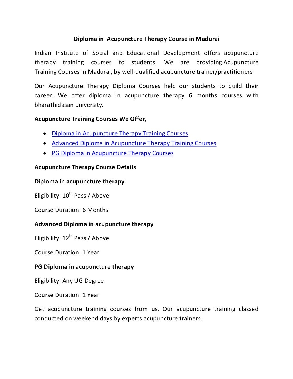 Acupuncture therapy 6 months and 1 year course in madurai