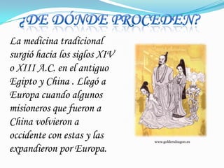 ¿De dónde proceden?La medicina tradicional surgió hacia los siglos XIV o XIII A.C. en el antiguo Egipto y China . Llegó a Europa cuando algunos misioneros que fueron a China volvieron a occidente con estas y las expandieron por Europa. www.goldendragon.es