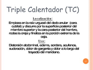 Triple Calentador (TC) Localización: Empieza en la raíz urgueal del dedo anular  (cara cubital) y discurre por la superficie posterior del miembro superior y la cara posterior del hombro, rodea la oreja y finaliza en la porción extrema de la ceja. Uso:   Distorsión abdominal, edema, sordera, acufenos, sudoración, dolor de garganta y dolor a lo largo del trayecto del meridiano. 