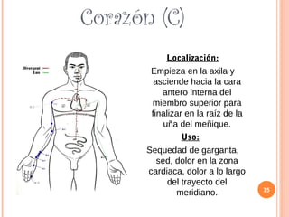 Corazón (C)
Localización:
Empieza en la axila y
asciende hacia la cara
antero interna del
miembro superior para
finalizar en la raíz de la
uña del meñique.
Uso:
Sequedad de garganta,
sed, dolor en la zona
cardiaca, dolor a lo largo
del trayecto del
meridiano. 15
 