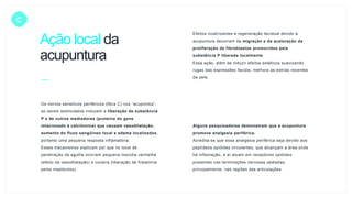 C
Alguns pesquisadores demonstram que a acupuntura
promove analgesia periférica.
Acredita-se que essa analgesia periférica seja devido aos
peptídeos opióides circulantes, que alcançam a área onde
há inflamação, e aí atuam em receptores opióides
presentes nas terminações nervosas sediadas,
principalmente, nas regiões das articulações.
Efeitos cicatrizantes e regeneração tecidual devido à
acupuntura decorrem da migração e da aceleração da
proliferação de fibroblastos promovidos pela
substância P liberada localmente.
Essa ação, além de induzir efeitos estéticos suavizando
rugas das expressões faciais, melhora as estrias recentes
da pele.
Ação local da
acupuntura
Os nervos sensitivos periféricos (fibra C) nos “acupontos”,
ao serem estimulados induzem a liberação de substância
P e de outros mediadores (proteína do gene
relacionado à calcitonina) que causam vasodilatação,
aumento do fluxo sangüíneo local e edema localizados,
portanto uma pequena resposta inflamatória.
Esses mecanismos explicam por que no local de
penetração da agulha ocorrem pequena mancha vermelha
(efeito da vasodilatação) e coceira (liberação de histamina
pelos mastócitos).
 
