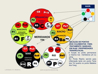 RIACHO
INFLAMAÇÃO
RIO
ASMA,TOSSE
MAR
VÔMITOS E
DIARRÉIAS
NASCENTE
SENSAÇÃO
SUFOCANTE NO
PEITO
MERIDIANOS
YIN
MANANCIAL
DOENÇAS
FEBRIS
P
10
R3
Pc7
C7
Ba3
P8
R7
F4
C4
Ba5
R10
Ba9
F8
Pc3
R2
P
11
Pc9
C9
F1
R1
Pc8
F2
C8
P5
F3
C
Ba
P
R
Ba1
F
C3
Pc5
Ba
2
P9
MAPA
A função do ponto permanece
a mesma nos meridianos yin ou
yang.
Ex: Ponto Riacho servirá para
inflamação tanto em ponto Terra
dos Yin quanto no ponto Madeira
dos Yang.
SELEÇÃO DE PONTOS
DOS 5 ELEMENTOS PARA
TRATAMENTO BASEADO
EM SUAS PROPRIEDADES
TERAPÊUTICAS.
L.Andrada / E.F. Medeiros saam.acupunturabrasil.org
 