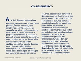 OS 5 ELEMENTOS
os vários aspectos que compõem a
Natureza, geram e dominam uns aos
outros. Assim, observa-se que todos
os fenômenos naturais tem suas
características próprias a partir das
quais podem originar outros
fenômenos e ao mesmo tempo
receber deles influências que podem
ser tanto benéficas quanto maléficas,
dependendo da situação. As
características próprias dos
fenômenos naturais podem ser
agrupadas em cinco categorias
diferentes que se encontram em
constante movimento de geração e
de dominação entre si, constituindo
o que foi denominado de Cinco
Elementos ou Cinco Movimentos.
ALei do 5 Elementos determina e
rege as regras que atuam nos ciclos de
geração (Shen) e controle (Ke) e
também nos permite conhecer as
causas favoráveis e desfavoráveis que
podem influir em cada Elemento, o
que pode ser tonificado ou sedado, o
que será preciso estimular ou acelerar,
ou ao contrário, o que se deverá inibir
ou desacelerar para se obter o
equilíbrio energético e assim deixando
o corpo livre de enfermidades.
A concepção dos Cinco Elementos
baseia-se na observação da evolução
dos fenômenos naturais bem como
L.Andrada / E.F. Medeiros saam.acupunturabrasil.org
 
