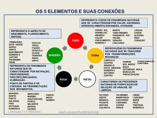 FOGO
TERRA
METAL
ÁGUA
MADEIRA
CANÍCULA
CENTRO
AMARELO
DOCE UMIDADE
NUMERO 5
SATURNO
CENTRO
HOMEM
BOI ARROZ
BAÇO
ESTOMAGO BOCA
MÚSCULOS
PREOCUPAÇÃO
TRANSFORMAÇÃO
CANTORIA
PRIMAVERA
ESTE VERDE
AZEDO
VENTO
NASCIMENTO
NÚMERO 8
JUPITER
YIN MINIMO
PEIXE
OVELHA
TRIGO
FIGADO
VESICULA
OLHOS
TENDÕES
RAIVA
GRITO
OUTONO
OESTE
BRANCO
PICANTE
SECURA
COLHEITA
YIN MÍNIMO
MAMÍFEROS
CACHORRO
CÂNHAMO
CHORO
VÊNUS
LIMÃO
I.GROSSO
NARIZ
PELE
TRISTEZA
NÚMERO9
VERÃO SUL
VERMELHO
AMARGO
CALOR
CRESCIMENTO
NÚMERO7
MARTE
YANG MÁXIMO
PÁSSAROS AVE
FEIJÃO
ORAÇÃO
I.DELGADO
LÍNGUA
VASOS
ALEGRIA
RISO
CORAÇÃO
REPRESENTA OS FENOMENOS
NATURAIS QUE SE
CARACTERIZAM POR RETRAÇÃO,
PROFUNDIDADE,
FRIO,DECLÍNIO,QUEDA,
ELIMINAÇÃO.
PONTO DE PARTIDA E DE
CHEGADA DA TRANSMUTAÇÃO
DOS MOVIMENTOS.
REPRODUZEM OS FENOMENOS
NATURAIS QUE SE TRADUZEM
POR TRANSFORMAÇÕES,
MUDANÇAS
CARACTERIZA OS PROCESSOS
NATURAIS DE PURIFICAÇÃO,DE
SELEÇÃO, DE ANÁLISE, DE
LIMPEZA.
REPRESENTA TODOS OS FENOMENOS NATURAIS
QUE SE CARACTERIZAM POR CALOR, ASCENSÃO,
DESENVOLVIMENTO,EXPANSÃO, ATIVIDADE.
REPRESENTA O ASPECTO DE
NASCIMENTO, FLORESCIMENTO,
SÍNTESE.
OS 5 ELEMENTOS E SUAS CONEXÕES
INVERNO
NORTE
PRETO
SALGADO
FRIO
ESTOQUE
NUMERO6
MERCÚRIO
MÁXIMO
(NA)CONCHAS
PORCO
MILHERTE
BEXIGA
OUVIDO
OSSOS
MEDO
GEMIDO
L.Andrada / E.F. Medeiros saam.acupunturabrasil.org
 