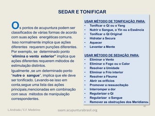 SEDAR E TONIFICAR
40
Os pontos de acupuntura podem ser
classificados de várias formas de acordo
com suas ações energéticas comuns.
Isso normalmente implica que ações
diferentes requerem punções diferentes.
Por exemplo, se determinado ponto
“elimina o vento exterior” implica que
ações diferentes requerem métodos de
estimulação distintos.
Igualmente ,se um determinado ponto
“nutre o sangue”, implica que ele deve
ser tonificado. Levando-se isso em
conta,segue uma lista das ações
principais,mencionadas em combinação
com seus métodos de manipulação
correspondentes.
USAR MÉTODO DE TONIFICAÇÃO PARA:
• Tonificar o Qi ou o Yang
• Nutrir o Sangue, o Yin ou a Essência
• Tonificar o Qi Original
• Hidratar a Secura
• Aquecer
• Levantar a Mente
USAR MÉTODO DE SEDAÇÃO PARA:
• Eliminar o Vento
• Eliminar o Fogo ou o Calor
• Resolver a Umidade
• Eliminar o Frio interior
• Resolver a Fleuma
• Abrir os orifícios
• Promover a ressuscitação
• Interromper a dor
• Regularizar o Qi
• Regularizar o Sangue
• Remover as obstruções dos Meridianos
L.Andrada / E.F. Medeiros saam.acupunturabrasil.org
 