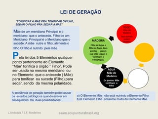 a) O Elemento Mãe não está nutrindo o Elemento Filho
b)O Elemento Filho consome muito do Elemento Mãe.
LEI DE GERAÇÃO
“TONIFICAR A MÃE PRA TONIFICAR O FILHO,
SEDAR O FILHO PRA SEDAR AMÃE”
Mãe de um meridiano Principal é o
meridiano que o antecede. Filho de um
Meridiano Principal é o Meridiano que o
sucede. A mãe nutre o filho, alimenta o
filho.O filho é nutrido pela mãe.
MADEIRA
Filho de Água e
Mãe de Fogo. Seus
pontos sedam
sua Mãe (Água) e
tonificam o
Filho(Fogo).
FOGO
Filho de
Madeira
Seus pontos
sedam
Madeira
ÁGUA
Mãe de
Madeira
Os pontos Mãe
tonificam o
Filho
A seqüência de geração também pode causar
os estados patológicos quando estiver em
desequilíbrio. Há duas possibilidades:
Pela lei dos 5 Elementos qualquer
ponto pertencente ao Elemento
“Mãe” tonifica o órgão ” Filho”. Pode
ser usado no mesmo meridiano ou
no Elemento que o antecede ( Mãe)
para tonificar ou sucede (Filho) para
sedar, sendo da mesma polaridade.
L.Andrada / E.F. Medeiros saam.acupunturabrasil.org
 