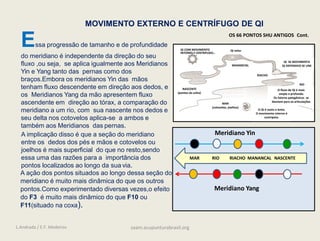 OS 66 PONTOS SHU ANTIGOS Cont.
Essa progressão de tamanho e de profundidade
do meridiano é independente da direção do seu
fluxo ,ou seja, se aplica igualmente aos Meridianos
Yin e Yang tanto das pernas como dos
braços.Embora os meridianos Yin das mãos
tenham fluxo descendente em direção aos dedos, e
os Meridianos Yang da mão apresentem fluxo
ascendente em direção ao tórax, a comparação do
meridiano a um rio, com sua nascente nos dedos e
seu delta nos cotovelos aplica-se a ambos e
também aos Meridianos das pernas.
A implicação disso é que a seção do meridiano
entre os dedos dos pés e mãos e cotovelos ou
joelhos é mais superficial do que no resto,sendo
essa uma das razões para a importância dos
pontos localizados ao longo da sua via.
A ação dos pontos situados ao longo dessa seção do
meridiano é muito mais dinâmica do que os outros
pontos.Como experimentado diversas vezes,o efeito
do F3 é muito mais dinâmico do que F10 ou
F11(situado na coxa).
Meridiano Yin
Meridiano Yang
MAR RIO RIACHO MANANCAL NASCENTE
MOVIMENTO EXTERNO E CENTRÍFUGO DE QI
NASCENTE
(pontos da unha)
Qi veloz
MANANCIAL
QI SE MOVIMENTA
QI DEFENSIVO SE UNE
RIACHO
RIO
MAR
(cotovelos, joelhos)
O fluxo de Qi é mais
amplo e profundo.
Os fatores patogênicos se
desviam para as articulações
QI COM MOVIMENTO
INTERNO E CENTRIFUGO.
O Qi é vasto e lento.
O movimento interno é
centrípeto.
L.Andrada / E.F. Medeiros saam.acupunturabrasil.org
 