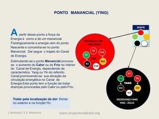 PONTO MANANCIAL (YING)
A partir desse ponto a força da
Energia é como a de um manancial.
Fisiologicamente a energia vem do ponto
Nascente e concentra-se no ponto
Manancial. Dai segue o trajeto do Canal
de Energia.
Estimulando-se o ponto Manancial provoca-
se o aumento do Calor ou do Frio no interior
do Canal de Energia, dependendo da
característica Yang ou Yin do referido
Canal,promovendo-se sua ativação da
circulação energética no Canal de
Energia.Este ponto tem a função de tratar
doenças provocadas pelo Calor ou pelo Frio.
Tratar pela localização da dor: Dores
no exterior e na função Yin.
YIN
C8
Pc8
Ba2
P10
R2
F2
ID2
TA2
E44
IG2
B66
VB
43
YANG
MAPA
MERIDIANO YIN
YING-FOGO
MERIDIANO YANG
YING - ÁGUA
L.Andrada / E.F. Medeiros saam.acupunturabrasil.org
 