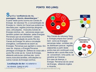 PONTO RIO (JING)
Significa “confluência do rio,
passagem, desvio, desembarque.”
A partir deste ponto ocorre,nos Canais de
Energia de natureza Yin, a concentração de
Energia no interior do Canal que poderá ser
desviada para regiões próximas,atingindo
osso, articulações, músculos,Canais de
Energia vizinhos, etc, estruturas essas que
também podem ser afetadas pelas Energias
Perversas que se encontrarem nesses
Canais.A estimulação do ponto Rio dos
Canais de Energia Yin ativa a circulação
energética, combatendo-se assim as
Energias Perversas que agridem o corpo. Em
caso de doença, a Energia Perversa
persegue a Energia de Defesa do corpo até o
ponto Rio onde sai do Canal de Energia,
afetando estruturas vizinhas,tais como
ossos,músculos,tendões, articulações ou
outros Canais de Energia vizinhos.
Localização da dor: no exterior e
na viscera (yang no yin)
YIN
YANG
Nos Canais de natureza Yang,
a Energia própria dos Canais
bem como as Energias
perversas nelas contidas não
se distribuem para as regiões
adjacentes a partir deste
ponto,mas sim continuam a se
deslocar até o ponto Mar,onde
se concentram. Uma parte, vai
penetrar as Vísceras.
Em caso de doença, a
Energia Perversa sai do canal
de Energia, afetando órgãos
e vísceras.
ID5
MAPA
TA6
E41
IG5
B60
VB
38
C4
Pc5
Ba5
P8
R7
F4
MERIDIANO YANG
JING-FOGO
MERIDIANO YIN
JING-METAL
L.Andrada / E.F. Medeiros saam.acupunturabrasil.org
 
