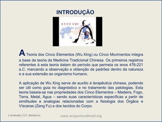 INTRODUÇÃO
ATeoria dos Cinco Elementos (Wu Xing) ou Cinco Movimentos integra
a base da teoria da Medicina Tradicional Chinesa. Os primeiros registros
referentes à esta teoria datam do período que permeia os anos 476-221
a.C. marcando a observação e obtenção de padrões dentro da natureza
e a sua extensão ao organismo humano.
A aplicação de Wu Xing serve de auxílio à terapêutica chinesa, podendo
ser útil como guia no diagnóstico e no tratamento das patologias. Esta
teoria baseia-se nas propriedades dos Cinco Elementos – Madeira, Fogo,
Terra, Metal, Água – sendo suas características específicas a partir de
similitudes e analogias relacionadas com a fisiologia dos Órgãos e
Vísceras (Zang Fu) e dos tecidos do Corpo.
L.Andrada / E.F. Medeiros saam.acupunturabrasil.org
 