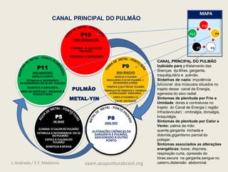 MAPA
P11
P5
P10
P8
P9
CANAL PRINCIPAL DO PULMÃO
CANAL PRINCIPAL DO PULMÃO
Indicado para o tratamento das
doenças do tórax, garganta,
traquéia,nariz e pulmão.
Sintomas de vazio: impotência
funcional dos músculos situados no
trajeto desse canal de Energia,
agenesia do eixo radial.
Sintomas de plenitude por Frio e
Umidade: dores e contraturas no
trajeto do Canal de Energia ( região
infraclavicular) : ombralgia, dorsalgia,
braquialgia.
Sintomas de plenitude por Calor e
Vento: palma da mão
quente,garganta inchada e
dolorida,gigantismo parcial do
polegar.
Sintomas associados as alterações
energéticas: tosse, dispneia,
respiração curta, opressão do
tórax,secura na garganta,sangue no
catarro,distensão abdominal.
P10
YING-MANANCIAL
ELIMINA O CALORDO
PULMÃO
BENEFICIA A GARGANTA
P9
SHU-RIACHO
RESOLVE A FLEUMA
REGULARIZA O QI DO PULMÃO E
INTERROMPE A TOSSE
TONIFICA O QI E YIN DO PULMÃO
TONIFICA O QI TORÁCICO E ESTIMULA
A CIRCULAÇÃO SANGUINEA
LIMPA O PULMÃO E O
CALOR DOFÍGADO
P8
JING-RIO
ALTERAÇÕES CRÔNICASDA
GARGANTA E PULMÃO,
ADICIONADO À OUTRO
PONTO
P5
HE-MAR
ELIMINA O CALORDO PULMÃO
ESTIMULA A DECENDENCIA DO QI
DOPULMÃO
EXPELE A FLEUMADO
PULMÃO
BENEFICIA A BEXIGA
P11
JING-NASCENTE
EXPELE OVENTO
ESTIMULA A DISPERSÃOE
DESCENDÊNCIA DO QI DO PULMÃO
BENEFICIA A GARGANTA
ABRE OS ORIFÍCIOS E PROMOVE A
RESSUCITAÇÃO
PULMÃO
METAL-YIN
L.Andrada / E.F. Medeiros saam.acupunturabrasil.org
 