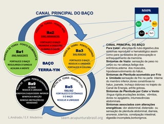 Ba2
Ba3
Ba5
Ba9
Ba1
CANAL PRINCIPAL DO BAÇO
MAPA
Ba2
YING-MANANCIAL
FORTALECE O BAÇO
PROMOVE A DIGESTÃO
ELIMINA O CALOR
Ba3
SHU-RIACHO
FORTALECE O BAÇO
RESOLVE A UMIDADE
FORTALECE A COLUNA.
Ba5
JING-RIO
FORTALECE O ESTÔMAGO
E O BAÇO
RESOLVE A UMIDADE
Ba9
HE-MAR
RESOLVE A UMIDADE
BENEFICIA O AQUECEDOR INFERIOR
BENEFICIA A MICÇÃO
REMOVE OBSTRUÇÕESDO
MERIDIANO
Ba1
JING-NASCENTE
FORTALECE O BAÇO
REGULARIZA O SANGUE
ACALMA A MENTE
BAÇO
TERRA-YIN
CANAL PRINCIPAL DO BAÇO
Para tratar: afecções do tubo digestivo,dos
sintomas reprodutor e hematológico assim
como para os estados de preocupação e
enfraquecimento de memória.
Sintomas de Vazio: sensação de peso no
corpo ou na cabeça,fadiga dos
membros,edema dos músculos,
hipodesenvolvimento do hálux.
Sintomas de Plenitude acometido por Frio
e Umidade:sensação de frio na parte interna
do membro inferior,dores constritivasno
halux, joanete, inchaço doloroso no trajeto do
Canal de Energia, artrite gotosa.
Sintomas de Plenitude por Calor e Vento
:língua rígida,eructações ácidas, vômitos,
dores no epigástrio, intumescências
abdominais.
Sintomas associados com alterações
energéticas: dor abdominal, distensão ou
sensação de plenitude abdominal, diarreia,
anorexia ,icterícia, constipação intestinal,
digestão incompleta,borborigmos.
L.Andrada / E.F. Medeiros saam.acupunturabrasil.org
 