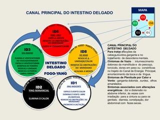 ID5
ID8
ID1
ID2
ID3
CANAL PRINCIPAL DO INTESTINO DELGADO
ID5
JING—RIO
LIMPA A MENTE
REMOVE AS OBSTRUÇÕES
DO MERIDIANO
EXPELE A UMIDADECALOR
ID8
HE-MAR
RESOLVE A
UMIDADE/CALOR
REMOVE AS OBSTRUÇÕES
DO MERIDIANO
ACALMA A MENTE
ID1
JING-NASCENTE
EXPELE OVENTO-CALOR
DOMINA O VENTO ABRE
OSORIFÍCIOS
REMOVE AS OBSTRUÇÕES DO
MERIDIANO
PROMOVE ALACTAÇÃO
ID2
YING-MANANCIAL
ELIMINA O CALOR
ID3
SHU-RIACHO
ELIMINA O VENTOINTERIOR
DO VASOGOVERNADOR
EXPELE O VENTOEXTERIOR
BENEFICIA OSTENDÕES
RESOLVE A UMIDADE
RESOLVE A ICTERÍCIA
LIMPA AMENTE
INTESTINO
DELGADO
FOGO-YANG
MAPA
CANAL PRINCIPAL DO
INTESTINO DELGADO
Para tratar afecções da
cabeça,ouvidos,garganta e no
tratamento de desordens mentais.
Sintomas de Vazio : intumescimento
doloroso da mandíbula e do pescoço,
torcicolo, dores em peso ou constritivas
no trajeto do Canal de Energia Principal,
amortecimento da boca e da língua.
Sintomas de Plenitude por Calor e
Vento : garganta dolorida , surdez, olhos
amarelados.
Sintomas associados com alterações
energéticas : dor e distensão no
abdome inferior, às vezes com
irradiação para a cintura ou para os
genitais; diarreia, constipação, dor
abdominal com fezes secas.
 
