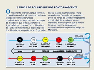 Omovimento inercial ,porque terminal,
do Meridiano do Pulmão continua dentro do
Meridiano do Intestino Grosso
principalmente no segundo ponto ao longo
do meridiano que todavia, pertence à
água,refletindo o caráter Yin do Meridiano
do Pulmão.Similarmente, o segundo ponto
dos Meridianos Yin pertence ao Fogo refle-
A TROCA DE POLARIDADE NOS PONTOS NASCENTE
tindo a inércia dos Meridianos Yang
suscedentes. Dessa forma, o segundo
ponto ao longo do Meridiano representa
o ponto da inércia máxima de um
meridiano anterior após o que a inércia
torna-se menor e desaparece
totalmente no quinto ponto ao longo do
Meridiano.
MERIDIANOS YIN
RIACHO MANANCIAL
OUTONO
SECURA
CANICULA
UMIDADE
VERÃO
FOGO
PRIMAVERA
VENTO
INVERNO
FRIO
NASCENTE
RIO
MAR
CANÍCULA
UMIDADE
VERÃO
FOGO
PRIMAVERA
VENTO
INVERNO
ÁGUA
OUTONO
SECURA
P11
P10
P9
P8
P5
IG1
IG2
IG3
IG5
IG11
PULMÃO
I.GROSSO
 
