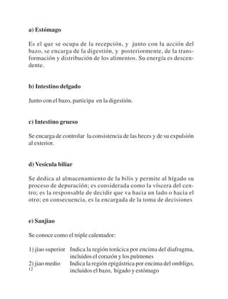 a) Estómago

Es el que se ocupa de la recepción, y junto con la acción del
bazo, se encarga de la digestión, y posteriormente, de la trans-
formación y distribución de los alimentos. Su energía es descen-
dente.


b) Intestino delgado

Junto con el bazo, participa en la digestión.


c) Intestino grueso

Se encarga de controlar la consistencia de las heces y de su expulsión
al exterior.


d) Vesícula biliar

Se dedica al almacenamiento de la bilis y permite al hígado su
proceso de depuración; es considerada como la víscera del cen-
tro; es la responsable de decidir que va hacia un lado o hacia el
otro; en consecuencia, es la encargada de la toma de decisiones


e) Sanjiao

Se conoce como el triple calentador:

1) jiao superior Indica la región torácica por encima del diafragma,
                 incluidos el corazón y los pulmones
2) jiao medio    Indica la región epigástrica por encima del ombligo,
12               incluidos el bazo, hígado y estómago
 