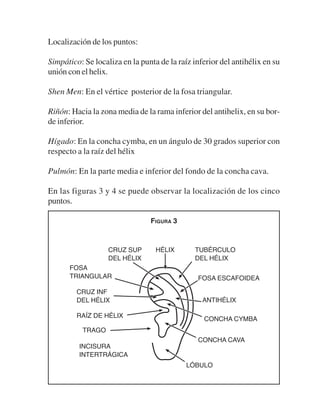 Localización de los puntos:

Simpático: Se localiza en la punta de la raíz inferior del antihélix en su
unión con el helix.

Shen Men: En el vértice posterior de la fosa triangular.

Riñón: Hacia la zona media de la rama inferior del antihelix, en su bor-
de inferior.

Hígado: En la concha cymba, en un ángulo de 30 grados superior con
respecto a la raíz del hélix

Pulmón: En la parte media e inferior del fondo de la concha cava.

En las figuras 3 y 4 se puede observar la localización de los cinco
puntos.

                                FIGURA 3




                                                                       27
 