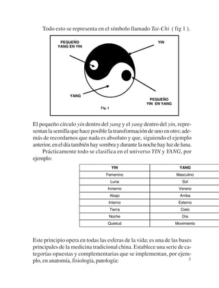 Todo esto se representa en el símbolo llamado Tai-Chi ( fig 1 ).

            PEQUEÑO                                       YIN
           YANG EN YIN




                 YANG
                                                       PEQUEÑO
                                                     YIN EN YANG
                               Fig. 1



El pequeño círculo yin dentro del yang y el yang dentro del yin, repre-
sentan la semilla que hace posible la transformación de uno en otro; ade-
más de recordarnos que nada es absoluto y que, siguiendo el ejemplo
anterior, en el día también hay sombra y durante la noche hay luz de luna.
    Prácticamente todo se clasifica en el universo YIN y YANG, por
ejemplo:
                                         YIN                         YANG
                                  Femenino                         Masculino
                                        Luna                          Sol
                                   Invierno                         Verano
                                        Abajo                        Arriba
                                    Interno                         Externo
                                        Tierra                       Cielo
                                    Noche                             Día
                                    Quietud                        Movimiento



Este principio opera en todas las esferas de la vida; es una de las bases
principales de la medicina tradicional china. Establece una serie de ca-
tegorías opuestas y complementarias que se implementan, por ejem-
plo, en anatomía, fisiología, patología:                                3
 