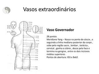 Vasos extraordinários
Vaso Governador
28 pontos
Meridiano Yang – Nasce na ponta do cóccix , e
seguindo a linha mediana posterior do corpo ,
sobe pela região sacra , lombar , torácica ,
cervical , ganha o crânio , desce pela face e
termina na gengiva , entre os dois incisivos
médios superiores
Pontos de abertura: ID3 e Bx62
 