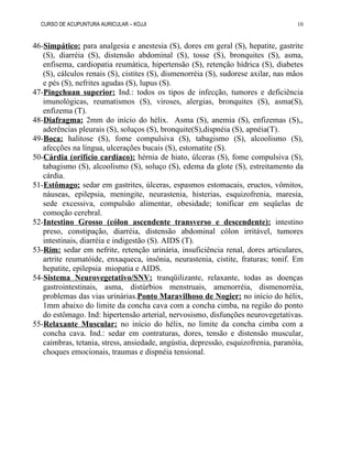 CURSO DE ACUPUNTURA AURICULAR – KOJJI
46-Simpático: para analgesia e anestesia (S), dores em geral (S), hepatite, gastrite
(S), diarréia (S), distensão abdominal (S), tosse (S), bronquites (S), asma,
enfisema, cardiopatia reumática, hipertensão (S), retenção hídrica (S), diabetes
(S), cálculos renais (S), cistites (S), dismenorréia (S), sudorese axilar, nas mãos
e pés (S), nefrites agudas (S), lupus (S).
47-Pingchuan superior: Ind.: todos os tipos de infecção, tumores e deficiência
imunológicas, reumatismos (S), viroses, alergias, bronquites (S), asma(S),
enfizema (T).
48-Diafragma: 2mm do início do hélix. Asma (S), anemia (S), enfizemas (S),,
aderências pleurais (S), soluços (S), bronquite(S),dispnéia (S), apnéia(T).
49-Boca: halitose (S), fome compulsiva (S), tabagismo (S), alcoolismo (S),
afecções na língua, ulcerações bucais (S), estomatite (S).
50-Cárdia (orifício cardíaco): hérnia de hiato, úlceras (S), fome compulsiva (S),
tabagismo (S), alcoolismo (S), soluço (S), edema da glote (S), estreitamento da
cárdia.
51-Estômago: sedar em gastrites, úlceras, espasmos estomacais, eructos, vômitos,
náuseas, epilepsia, meningite, neurastenia, histerias, esquizofrenia, maresia,
sede excessiva, compulsão alimentar, obesidade; tonificar em seqüelas de
comoção cerebral.
52-Intestino Grosso (cólon ascendente transverso e descendente): intestino
preso, constipação, diarréia, distensão abdominal cólon irritável, tumores
intestinais, diarréia e indigestão (S). AIDS (T).
53-Rim: sedar em nefrite, retenção urinária, insuficiência renal, dores articulares,
artrite reumatóide, enxaqueca, insônia, neurastenia, cistite, fraturas; tonif. Em
hepatite, epilepsia miopatia e AIDS.
54-Sistema Neurovegetativo/SNV: tranqüilizante, relaxante, todas as doenças
gastrointestinais, asma, distúrbios menstruais, amenorréia, dismenorréia,
problemas das vias urinárias.Ponto Maravilhoso de Nogier: no início do hélix,
1mm abaixo do limite da concha cava com a concha cimba, na região do ponto
do estômago. Ind: hipertensão arterial, nervosismo, disfunções neurovegetativas.
55-Relaxante Muscular: no início do hélix, no limite da concha cimba com a
concha cava. Ind.: sedar em contraturas, dores, tensão e distensão muscular,
caimbras, tetania, stress, ansiedade, angústia, depressão, esquizofrenia, paranóia,
choques emocionais, traumas e dispnéia tensional.
10
 