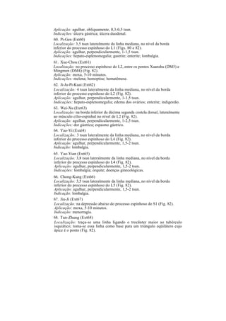 Aplicação: agulhar, obliquamente, 0,3-0,5 tsun.
Indicações: úlcera gástrica; úlcera duodenal.
60. Pi-Gen (Ext60)
Localização: 3,5 tsun lateralmente da linha mediana, no nível da borda
inferior do processo espinhoso do L1 (Figs. 80 e 82).
Aplicação: agulhar, perpendicularmente, 1-1,5 tsun.
Indicações: hepato-esplenomegalia; gastrite; enterite; lombalgia.
61. Xue-Chou (Ext61)
Localização: no processo espinhoso do L2, entre os pontos Xuanshu (DM5) e
Mingmen (DM4) (Fig. 82).
Aplicação: moxa, 5-10 minutos.
Indicações: melena; hemoptise; hematêmese.
62. Ji-Ju-Pi-Kuai (Ext62)
Localização: 4 tsun lateralmente da linha mediana, no nível da borda
inferior do processo espinhoso do L2 (Fig. 82).
Aplicação: agulhar, perpendicularmente, 1-1,5 tsun.
Indicações: hepato-esplenomegalia; edema dos ovários; enterite; indigestão.
63. Wei-Xu (Ext63)
Localização: na borda inferior da décima segunda costela dorsal, lateralmente
ao músculo cílio-espinhal no nível de L2 (Fig. 82).
Aplicação: agulhar, perpendicularmente, 1-2,5 tsun.
Indicações: dor gástrica; espasmo gástrico.
64. Yao-Yi (Exté4)
Localização: 3 tsun lateralmente da linha mediana, no nível da borda
inferior do processo espinhoso do L4 (Fig. 82).
Aplicação: agulhar, perpendicularmente, 1,5-2 tsun.
Indicação: lombalgia.
65. Yao-Yian (Ext65)
Localização: 3,8 tsun lateralmente da linha mediana, no nível da borda
inferior do processo espinhoso do L4 (Fig. 82).
Aplicação: agulhar, perpendicularmente, 1,5-2 tsun.
Indicações: lombalgia; orquite; doenças ginecológicas.
66. Chong-Kung (Ext66)
Localização: 3,5 tsun lateralmente da linha mediana, no nível da borda
inferior do processo espinhoso do L5 (Fig. 82).
Aplicação: agulhar, perpendicularmente, 1,5-2 tsun.
Indicação: lombalgia.
67. Jiu-Ji (Ext67)
Localização: na depressão abaixo do processo espinhoso do S1 (Fig. 82).
Aplicação: moxa, 5-10 minutos.
Indicação: menorragia.
68. Tun-Zhung (Ext68)
Localização: traça-se uma linha ligando o trocânter maior ao tubérculo
isquiático; toma-se essa linha como base para um triângulo eqüilátero cujo
ápice é o ponto (Fig. 82).
 