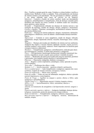 Rins—Tonifica a energia geral do corpo. Fortalece a coluna lombar e tonifica a
medula óssea. Melhora a visão e a audição. Trata, principalmente, de doenças
do sistema urinário e de reprodução. "Os rins governam os cabelos", portanto,
é um ponto indicado para casos de calvície ou de alopecia.
Subcórtex— Controla a função do córtex cerebral, tendo um desempenho
analgésico, antiinflamatório e tranqüilizante. Trata de doenças causadas pelos
distúrbios das funções do córtex cerebral. É também usado nas vasculites,
ptose gástrica e ptose uterina.
Occipital — Freqüentemente utilizado nas doenças do sistema nervoso e nas
irritações da meninge; estados de choque; alergia; analgesia e hemostasia.
Cérebro e hipófise—Nanismo; acromegalia; incontinência urinaria; hemorra-
gia uterina disfuncional.
Endócrino — Doenças do sistema endócrino: alergias; reumatismo; disfunções
ginecológicas e obstétricas; casos de diabete e determinadas doenças dermato-
lógicas.
Supra-renal — Controla os vasos sangüíneos; estado de choque; infecção;
reumatismo; alergia; hipotensão arterial; vasculite; hemorragia; tosse e asma;
febre.
Simpático— Doenças provocadas por distúrbios do sistema nervoso autônomo,
analgesia dos órgãos e vísceras internas; dilatação vascular; angina pectoris;
arritmia cardíaca; extra-sístole; sudorese. Ponto importante na anestesia para
cirurgias torácica e abdominal.
Shenmen — Tranqüilizante; analgésico; antiinflamatório; indicado para doen-
ças neurológicas e mentais. É ponto para anestesia e analgesias.
Útero — Pelviperitonite; hemorragia disfuncional; distúrbio menstrual; leu-
corréia; impotência sexual; orquite; para acelerar o trabalho de parto.
Sanjiao — Moderador das dores provocadas pela mucosa intestinal; peritônio
e pericárdio; tem também função diurética e antiinflamatória.
Pâncreas — Pancreatite; indigestão; diabetes e enxaqueca.
Asma — Regula o centro respiratório; antialérgico; asma; opressão no peito;
coceira alérgica.
Novo olho — Problemas dos olhos e visão.
Medula 1 e 2 — Atrofia muscular; paralisia infantil e polineurite.
Nervo occipital menor — Ação tranqüilizante e analgésica; espasmo dos vasos
cerebrais; seqüela de trauma craniano; enxaqueca; tontura.
Ponto de tonificação — Muito sono; nicturia.
Ponto de orelha — Febre em caso de inflamação; analgésico; abaixa a pressão
arterial; hipertensivo; coma hepática.
Ponto de Trago — Agulhar ou sangrar o ponto; abaixa a febre; ação
analgésica e antiinflamatória.
Fígado Yang l e 2 — Hipertensão arterial; Cefaléia; hepatite crônica.
Hélice 1 a 6 — Antiinflamatório; febre; antiedema; abaixa a
hipertensão
arterial; no tratamento da amigdalite e da hipertensão arterial; sangrar o
ponto.
Póstero-auricular superior e inferior— Analgesia; lombalgia; doenças derma-
tológicas; reumatismo; ponto de anestesia na cirurgia torácica.
Ponto de labirinto — Tranqüilizante; analgesia; sudorese; taquicardia.
Raiz auricular superior e inferior — Analgesia; nicturia; diminuição de
audição, miopia.
 